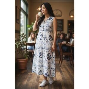 Garron Linen Dress Sleeveless Tribal Elephants Cream Gray MEDIUM